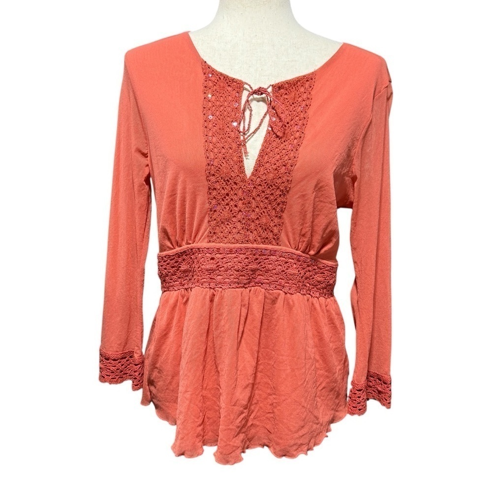 The Limited Y2K Babydoll Top Size‎ Medium Coral Sheer Crochet Tie Front Vintage